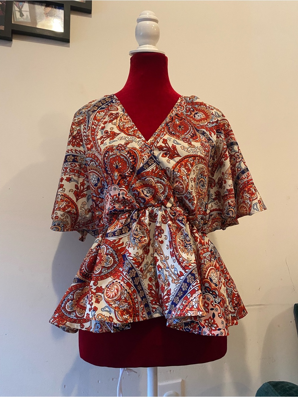 SHEIN Red & Cream Paisley Wrap Peplum Blouse